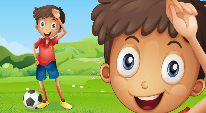 Cartoon boy playing football soccer on grass with clear enlarged vector image zoom